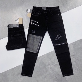 Quần bò đen nam khoá kéo thêu rách pha màu