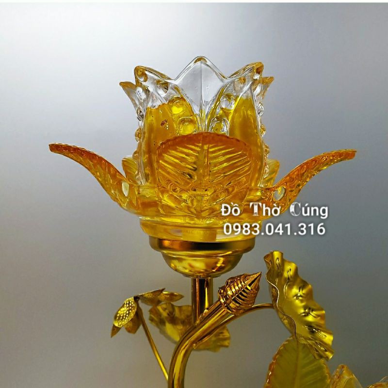Đèn Thờ thủy tinh hoa sen 3 bông màu vàng