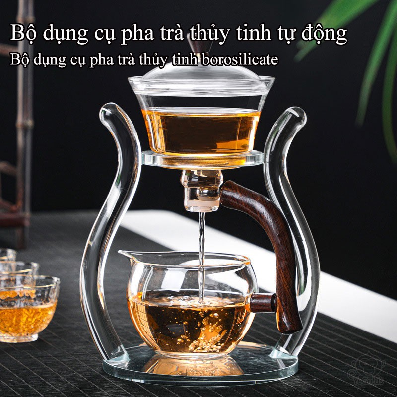 Bộ dụng cụ bình trà đạo và 6 ly thuỷ tinh Cao Cấp BOROSILICATE &amp; WOOD 6cup