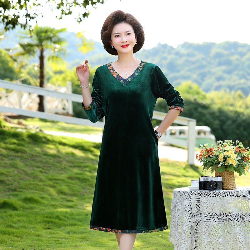 Aimeisi Đầm Nhung Dài Tay Thời Trang Xuân Thu Cho Phụ Nữ Trung Niên