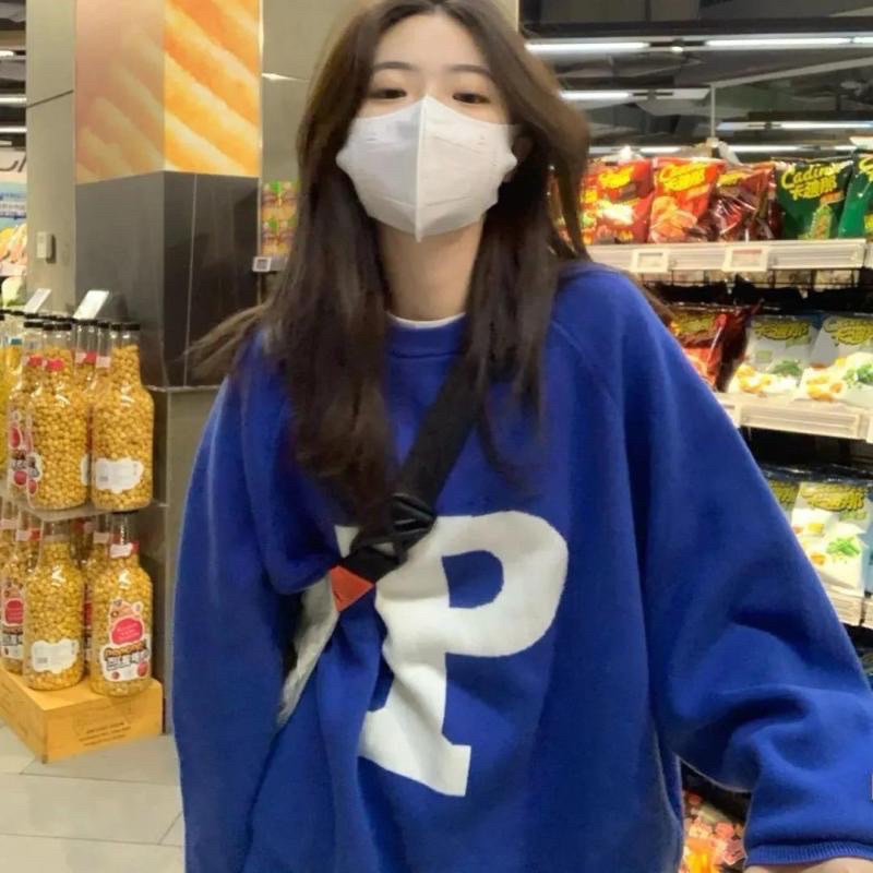 Áo Sweater Xanh Chữ P Unisex [FREESHIP] Nỉ form rộng tay phồng kiểu dáng thể thao đường phố hàn quố