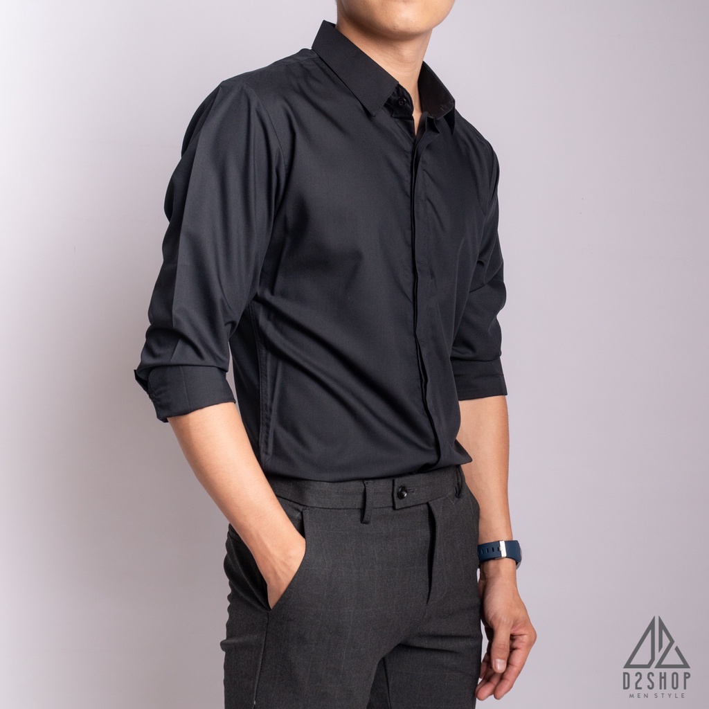Áo sơ mi nam D2shop, áo sơ mi nam dài tay màu đen, che nút MR [S342]