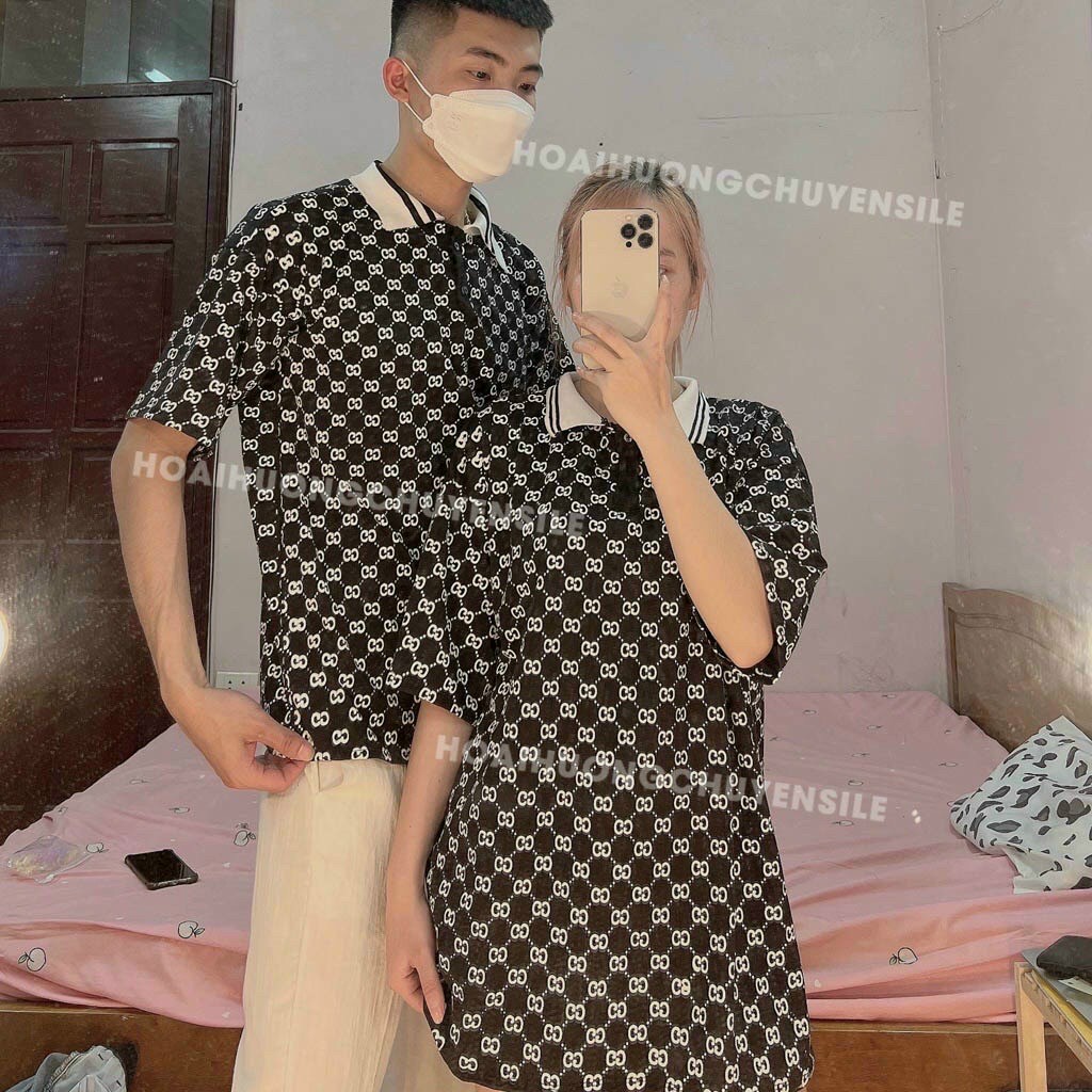 Áo polo GG họa tiết in kín BIGOMALL - Áo phông cổ bẻ nam nữ unisex hót trend cháy phố Freesize Form Rộng 65kg