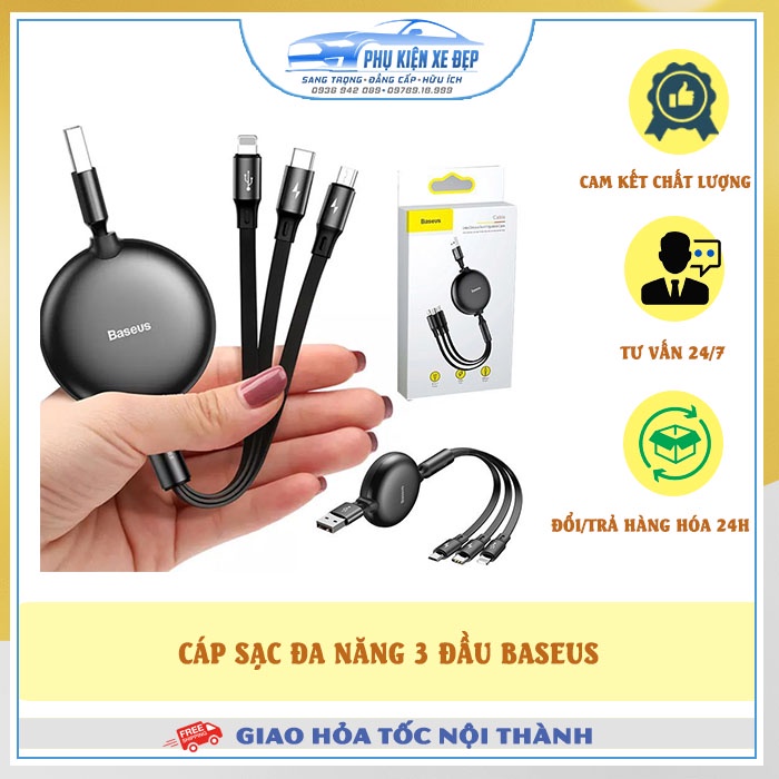 Cáp sạc đa năng 3 đầu ⚡FREESHIP⚡ Baseus 3 in1 CAMLT-ZY | Cáp chuyên dụng dành cho xe hơi siêu nhỏ gọn - Bảo Hành 01 Năm