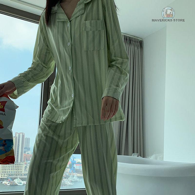 Bộ đồ ngủ pijama dài tay họa tiết kẻ sọc mới