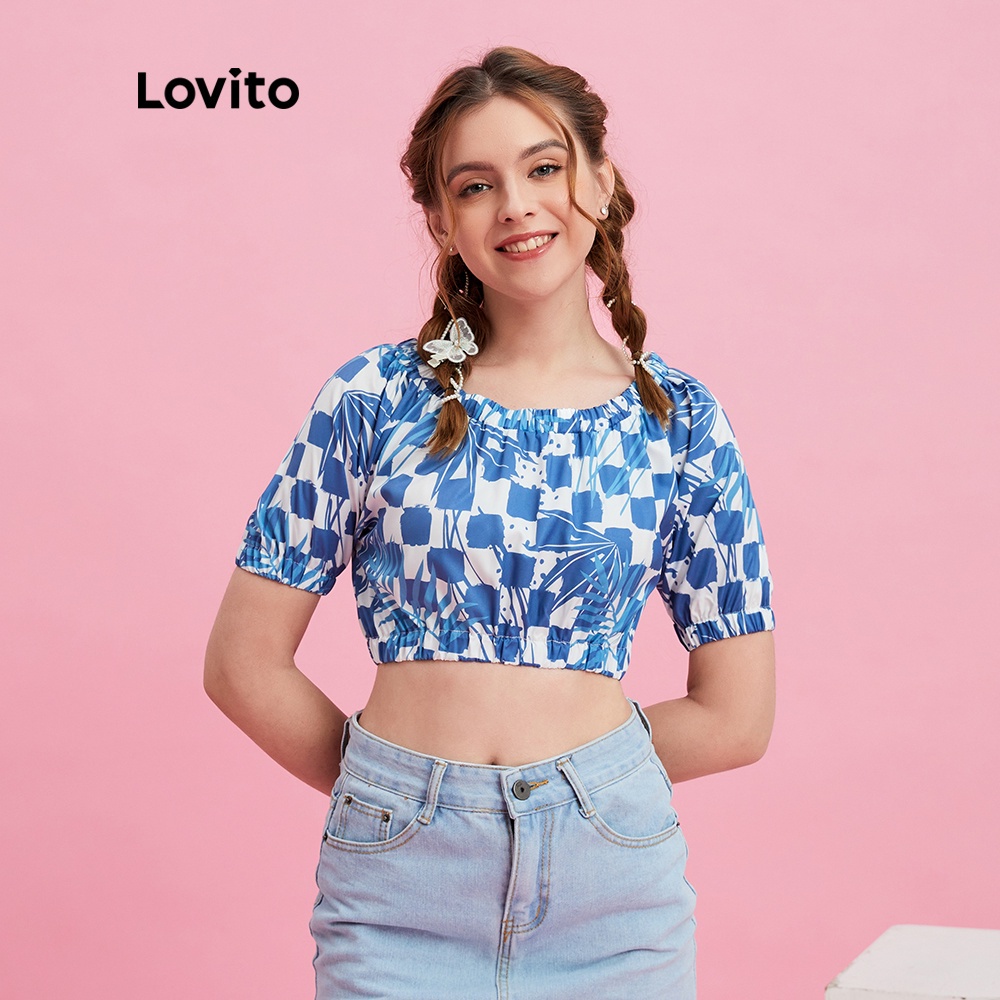 Lovito áo kiểu nhún bèo họa tiết sọc caro màu xanh dương dễ thương L10E04
