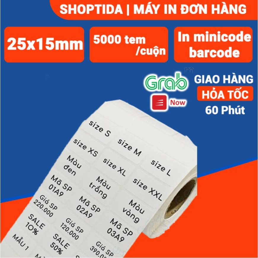 PBO Tem 25x15mm dán mác sản phẩm, tem phụ, tem nhỏ, in nhiệt decal Shoptida 5000 tem/cuộn 50 AO2