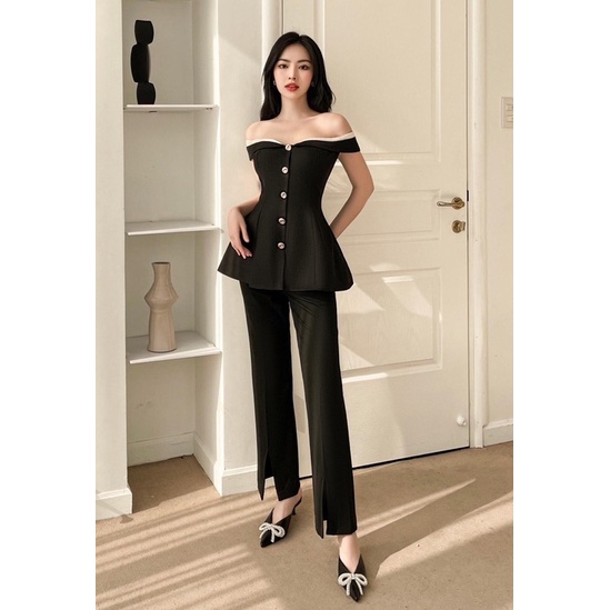 Set áo pelum trễ vai + quần suông loe
