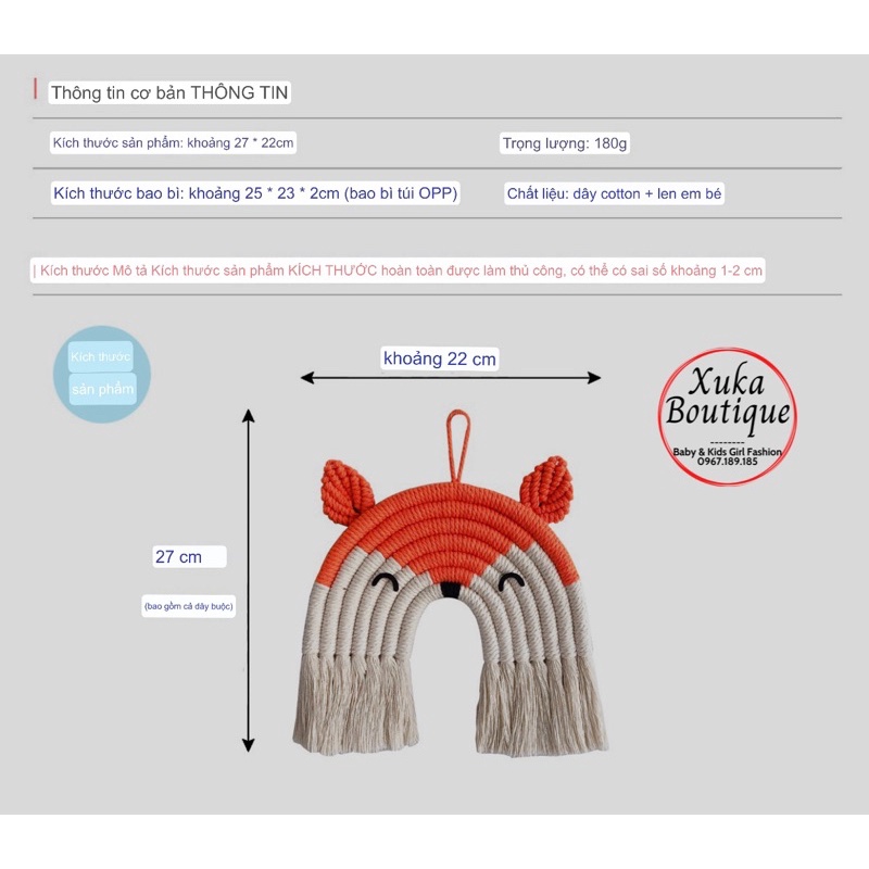 Thảm Dây Tua Rua Cầu Vồng Mặt Hồ Ly Macrame Treo Tường Phòng Trẻ Em Sz 27x22cm, Decor Phòng Dệt Tay Thủ Công Siêu Đẹp