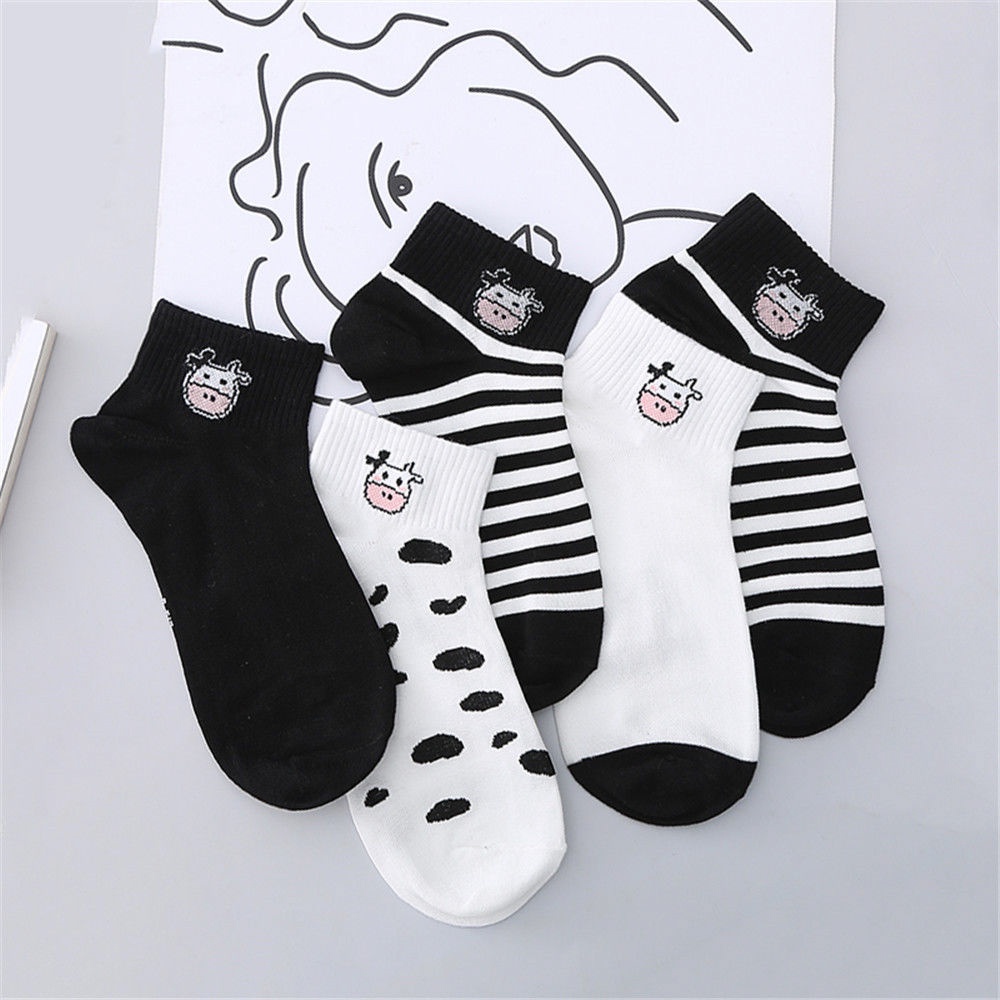 Tất vớ nữ cổ ngắn họa tiết bò sữa thời trang Unisex Hàn Quốc cotton co giãn thoáng khí - Only Store
