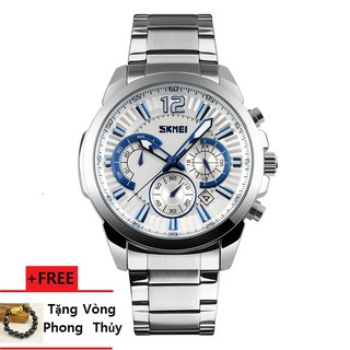 Đồng Hồ Nam Thể Thao Dây Thép Chạy 6 Kim SKMEI 9108 Trắng + Tặng Vòng May Mắn