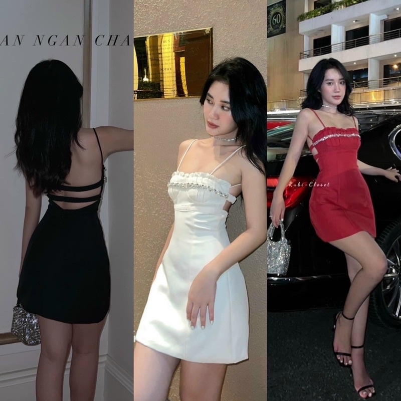 Đầm hở lưng 2 dây đính đá/cườm ngực nhún có mút dễ thương, váy ngắn ôm đen đỏ trắng đi chơi dự tiệc đơn giản sang trọng