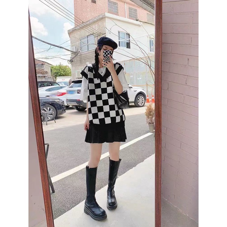 Áo len dệt kim không tay kẻ ô màu sắc cá tính | BigBuy360 - bigbuy360.vn