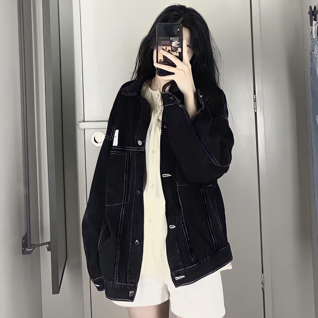 Áo Khoác Bò Nữ Cổ Polo Thêu Logo Cúc Cài Chỉ Nổi Dài Tay Màu Đen Siêu Basic