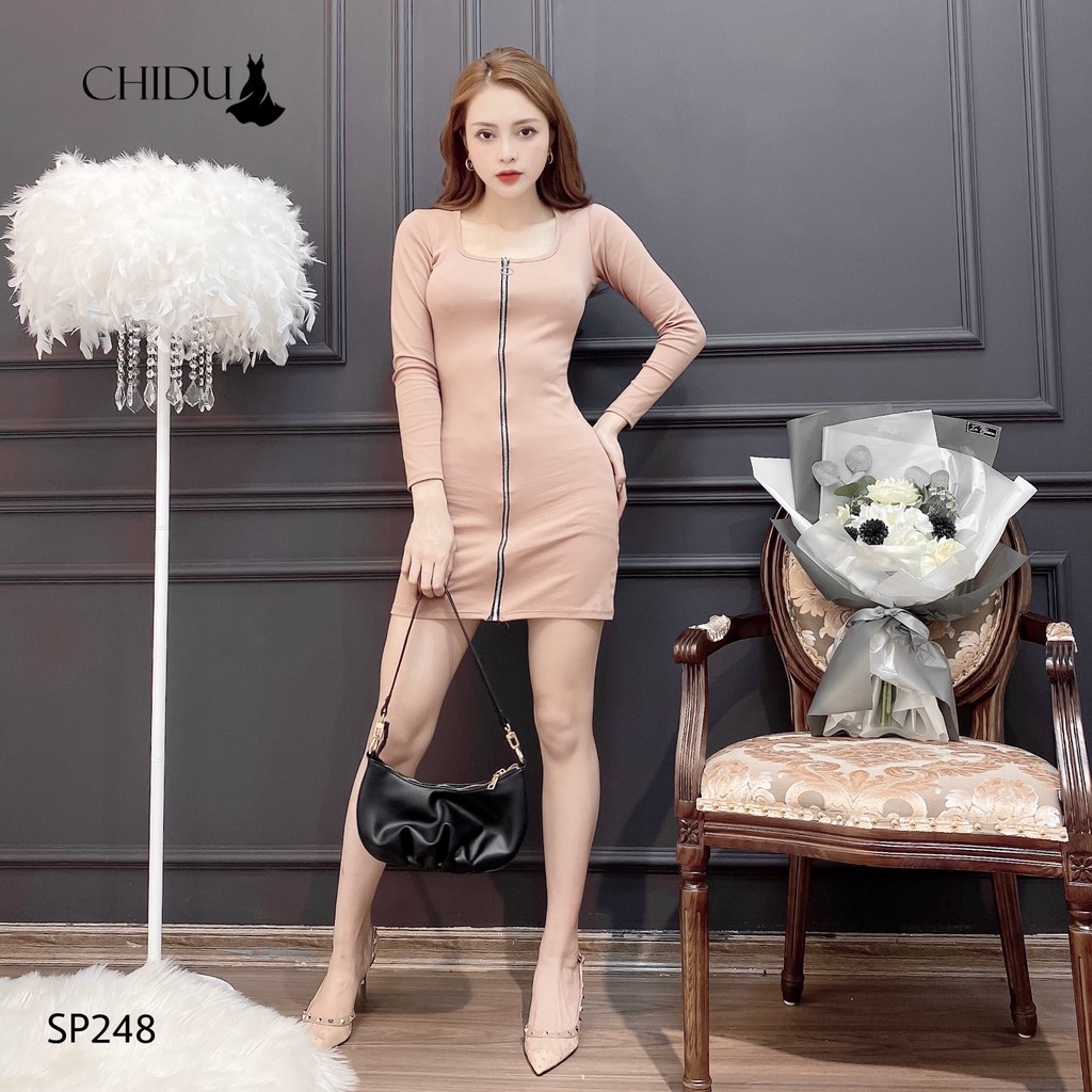 CHIDU Đầm cổ vuông dài tay, đầm khóa thời trang cá tính - SP 248
