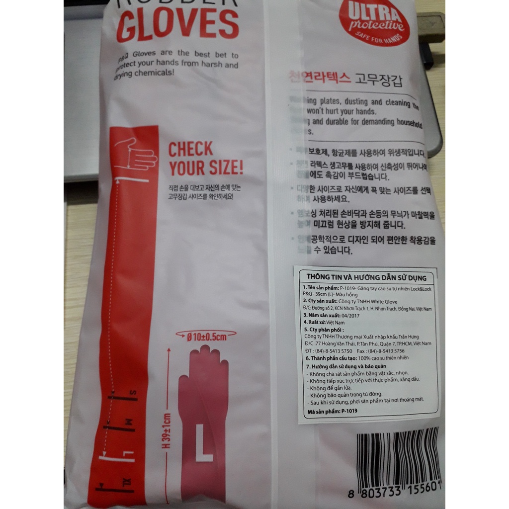 Găng tay rửa chén cao su tự nhiên Lock&Lock ETM801P ETM802P ETM805P P-1021 P-1020 P-1019 P-1018 4 Size S M L XL 35cm-37c