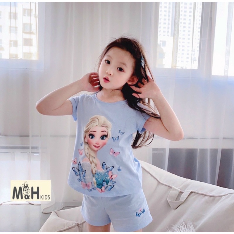 Bộ elsa bé gái cộc tay thun cotton mùa hè, Set công chúa băng giá xanh Hồng trẻ em mềm mịn, co giãn thoải mái, đẹp xinh