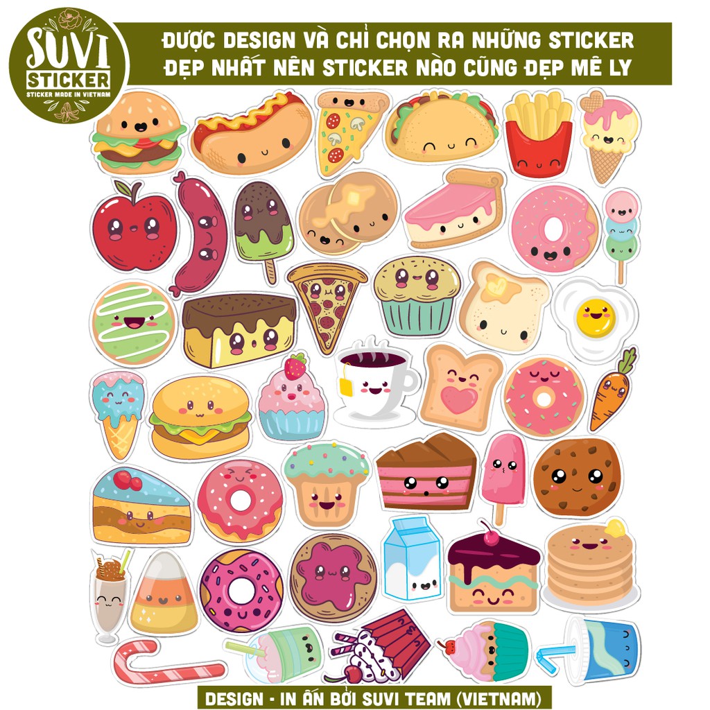 Sticker Đồ Ăn Kawaii chống nước sticker dán laptop, điện thoại, đàn guitar, mũ bảo hiểm, vali. MSP: F01