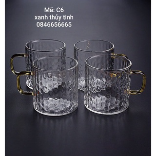 Cốc thủy tinh sần quai vàng 200ml - C6