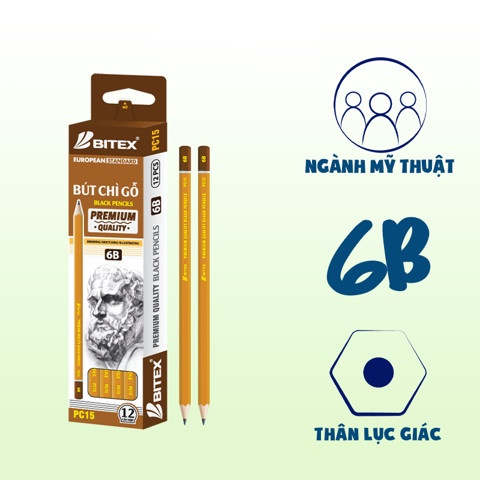 [Mua lẻ] Bút chì mỹ thuật Bitex 6B Premium nhúng đầu PC15 - Dùng thi trắc nghiệm