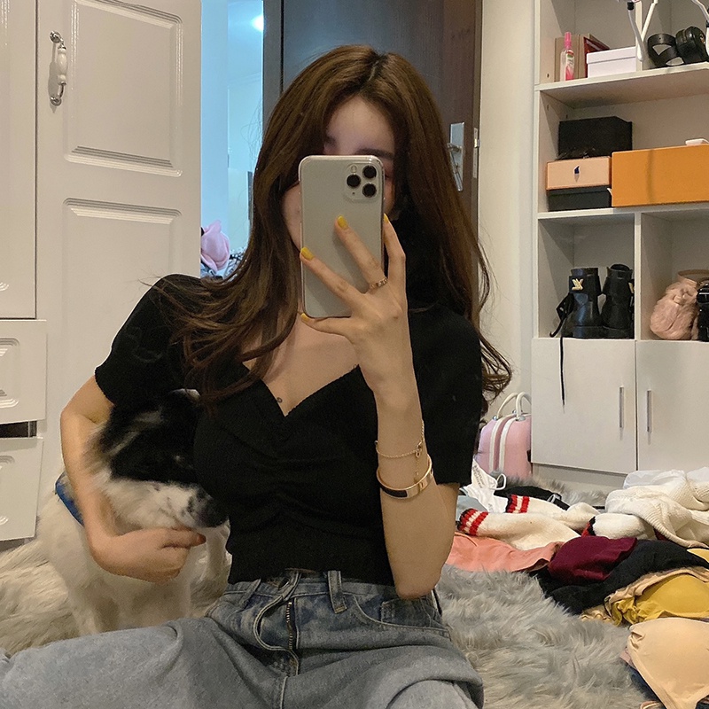 Porozi  Áo croptop  dệt kim tay phồng cổ chữ V thời trang Hàn Quốc dành cho nữ