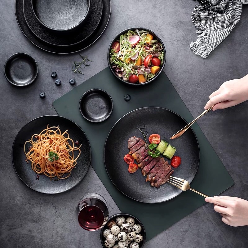 Bộ bát đĩa gốm đen nhám glaze phong cách Nhật Bản