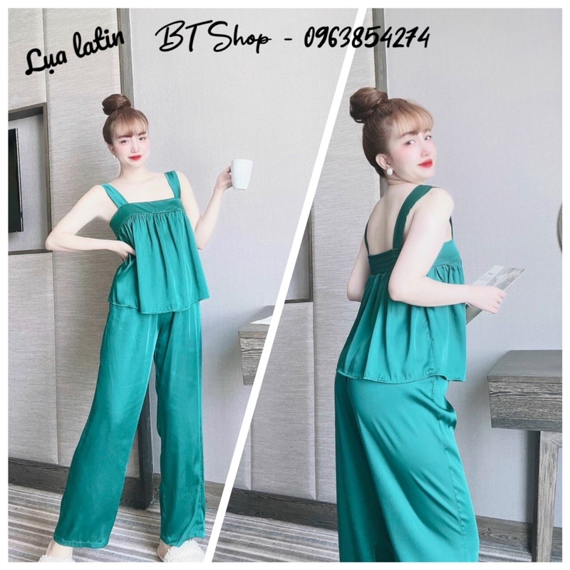 Đồ ngủ mặc nhà lụa latin 2 dây trơn quần dài freesize 42-57kg