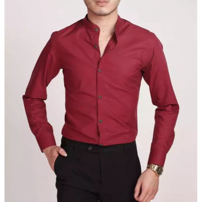 Sơ mi nam dài tay cổ tàu. Áo sơ mi cổ tàu vải lụa kiểu dáng ôm body slimfit