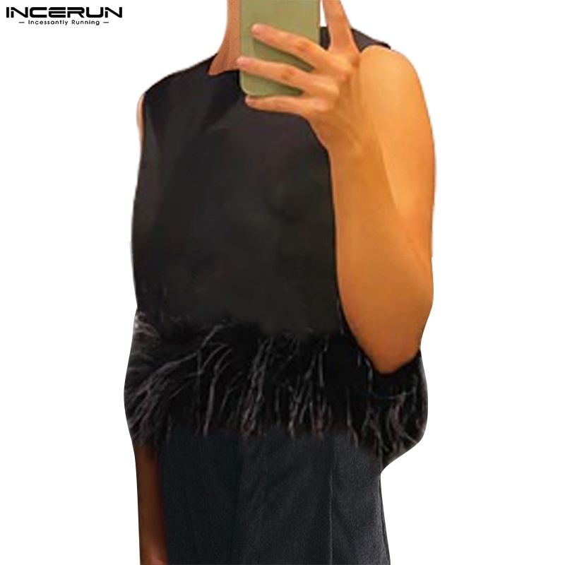 Áo thun ba lỗ Incerun phối lông vũ màu trơn hợp thời trang cho nam