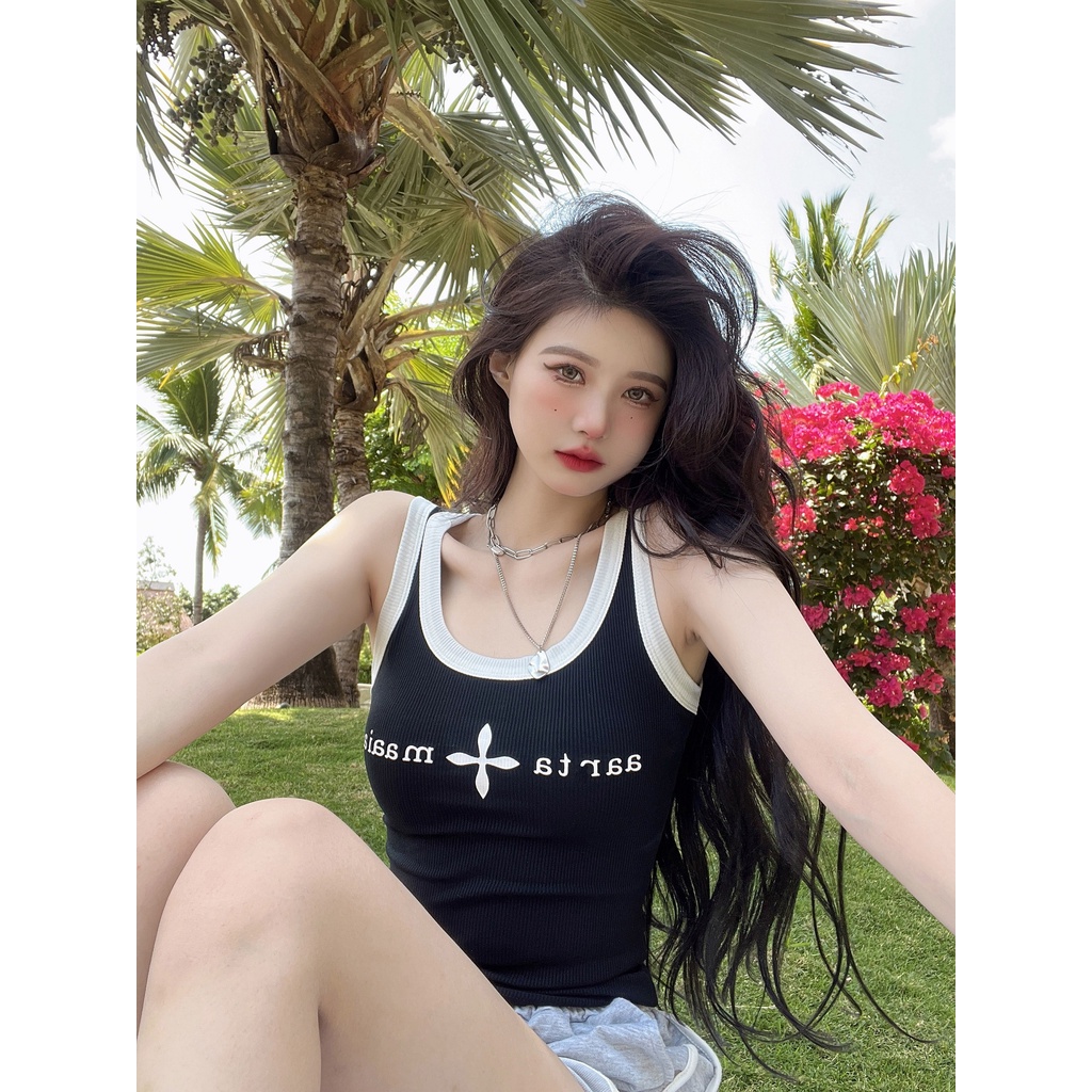 Porozi Áo croptop  hai dây in chữ thời trang Hàn Quốc cho nữ