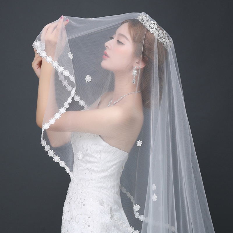 Mạng Che Mặt Cho Cô Dâu Bằng Vải Tuyn Một Lớp Dáng Dài Trang Nhã
