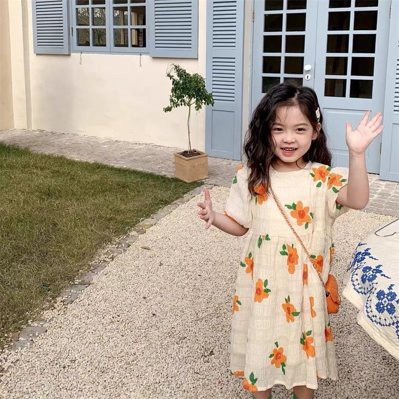 Váy Hoa Cam Tay Bồng Dài tay Chất Đũi Xốp Size 8-20kg Phong Cách Hàn Quốc Cho Bé Gái