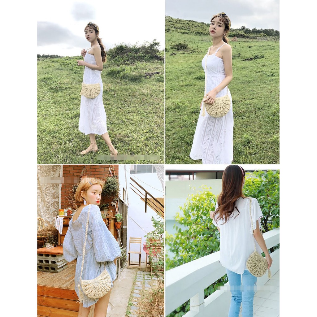 Túi Cói Phối Tua Rua Dáng Bán Nguyệt