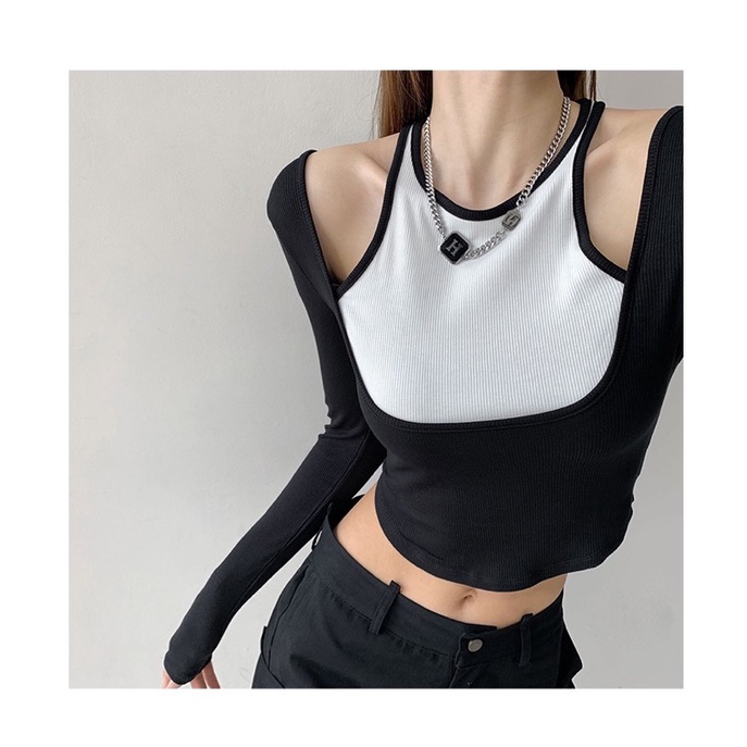 Áo Kiểu Nữ Dài Tay Vạt Bầu Áo Thun Nữ Hàn Quốc Phối Màu Hở Vai Ôm Body Sexy - 25 Store