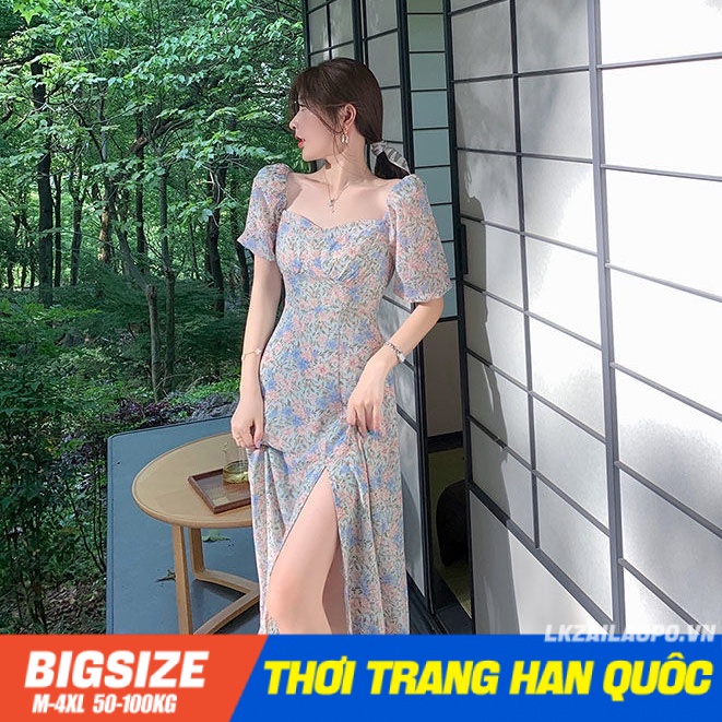 Đầm hoa nhí Bigsize Váy maxi nữ tay ngắn cổ vuông xẻ tà mùa hè Phong cách Hàn Quốc Thời Trang tiểu thư cá tính xinh đẹp cho người mập béo