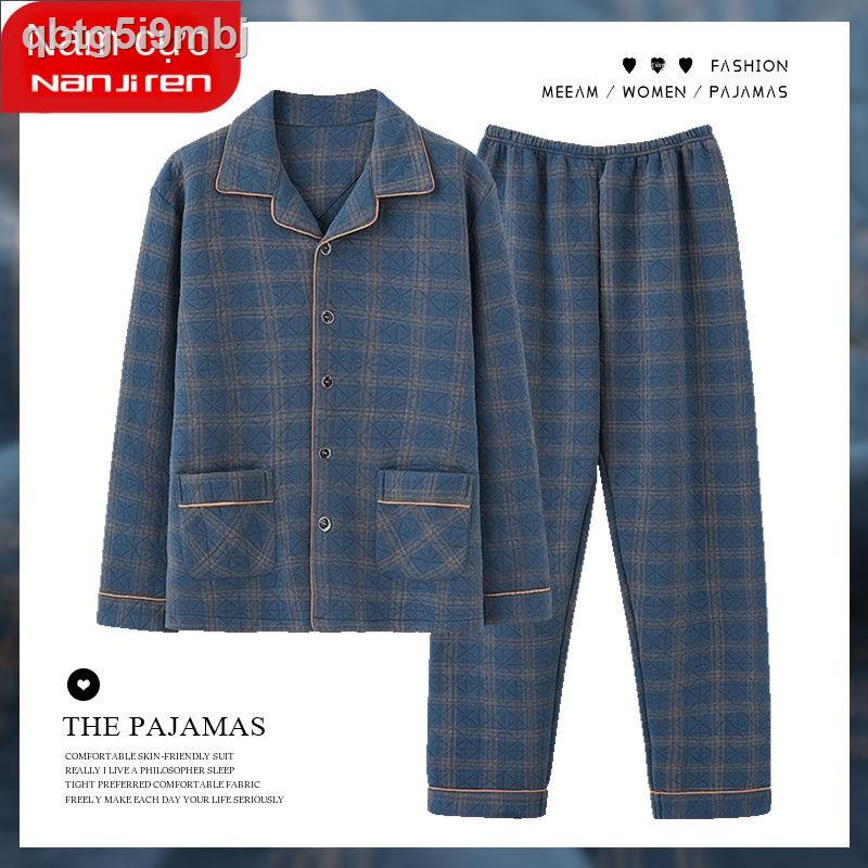( Sẵn)Bộ đồ ngủ mùa đông cotton của nam giới thu / không khí cao cấp xen kẽ bố trung niên dày dặn có thể mặc ở nhà