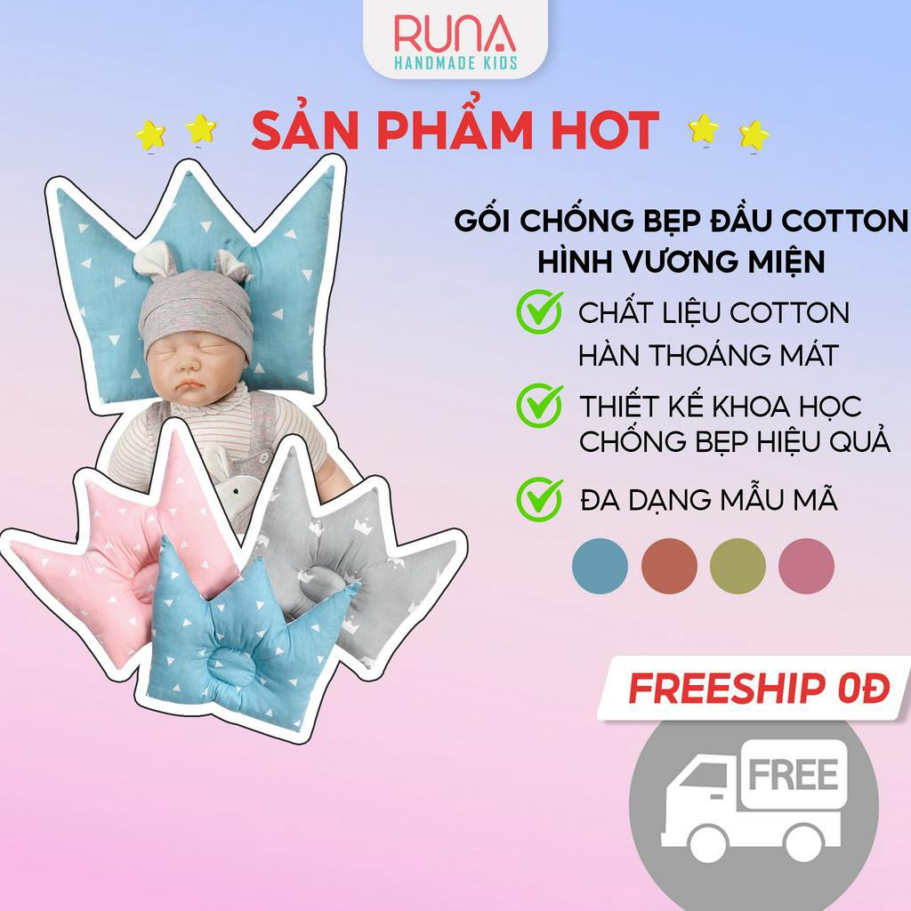 Gối lót chống bẹp đầu cho trẻ sơ sinh RUNA KIDS Cotton Hàn 100% hình vương miện đáng yêu mềm mịn giúp bé ngủ ngon