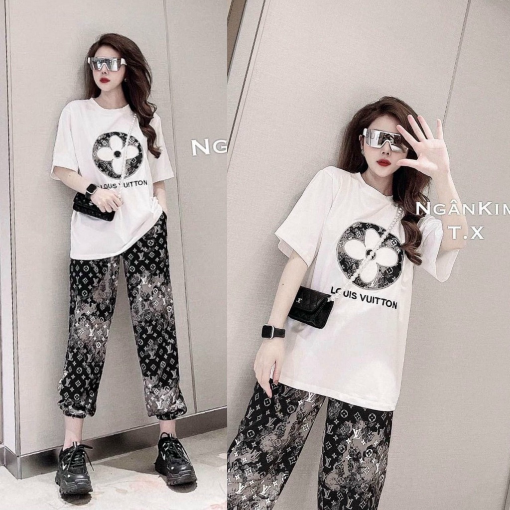 SET BỘ THỜI TRANG FOM RỘNG PHỐI HỌA TIẾT LV HOA THÊU