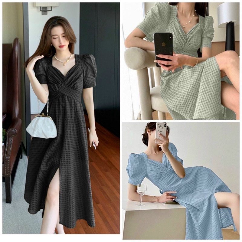 ĐẦM MIDI CỔ NHÍU CHÉO EO THẮT NƠ LƯNG