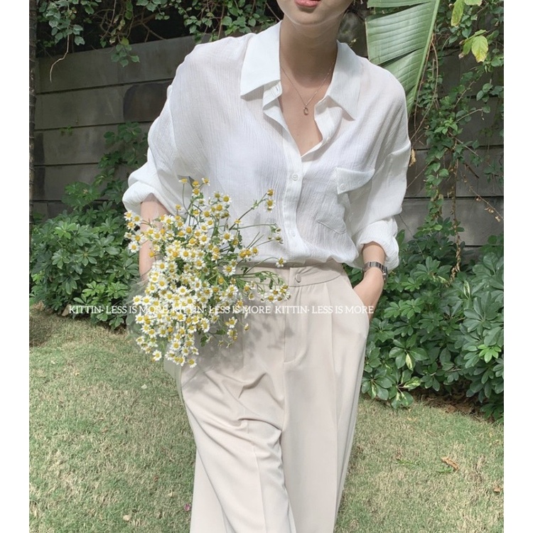 Áo sơ mi nữ dài tay túi lệch vải đũi nhăn màu Hàn Quốc