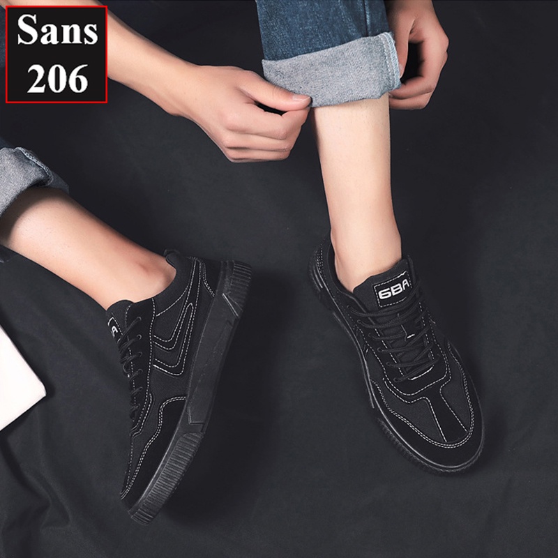 Giày sneaker nam nữ unisex Sans206 da lộn màu be đen đế bằng cột dây giầy thể thao sports