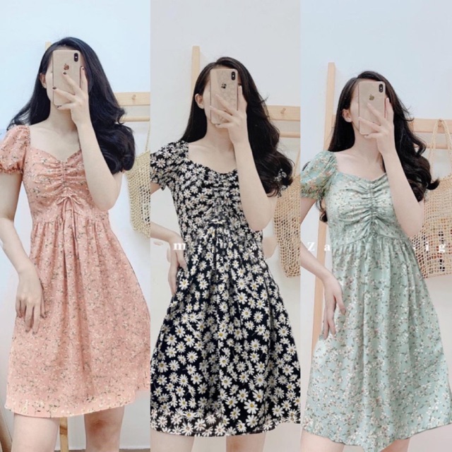 BÁN SỈ VÁY HOA RÚM NGỰC 3 MÀU XANH ĐEN HỒNG CHO NỮ