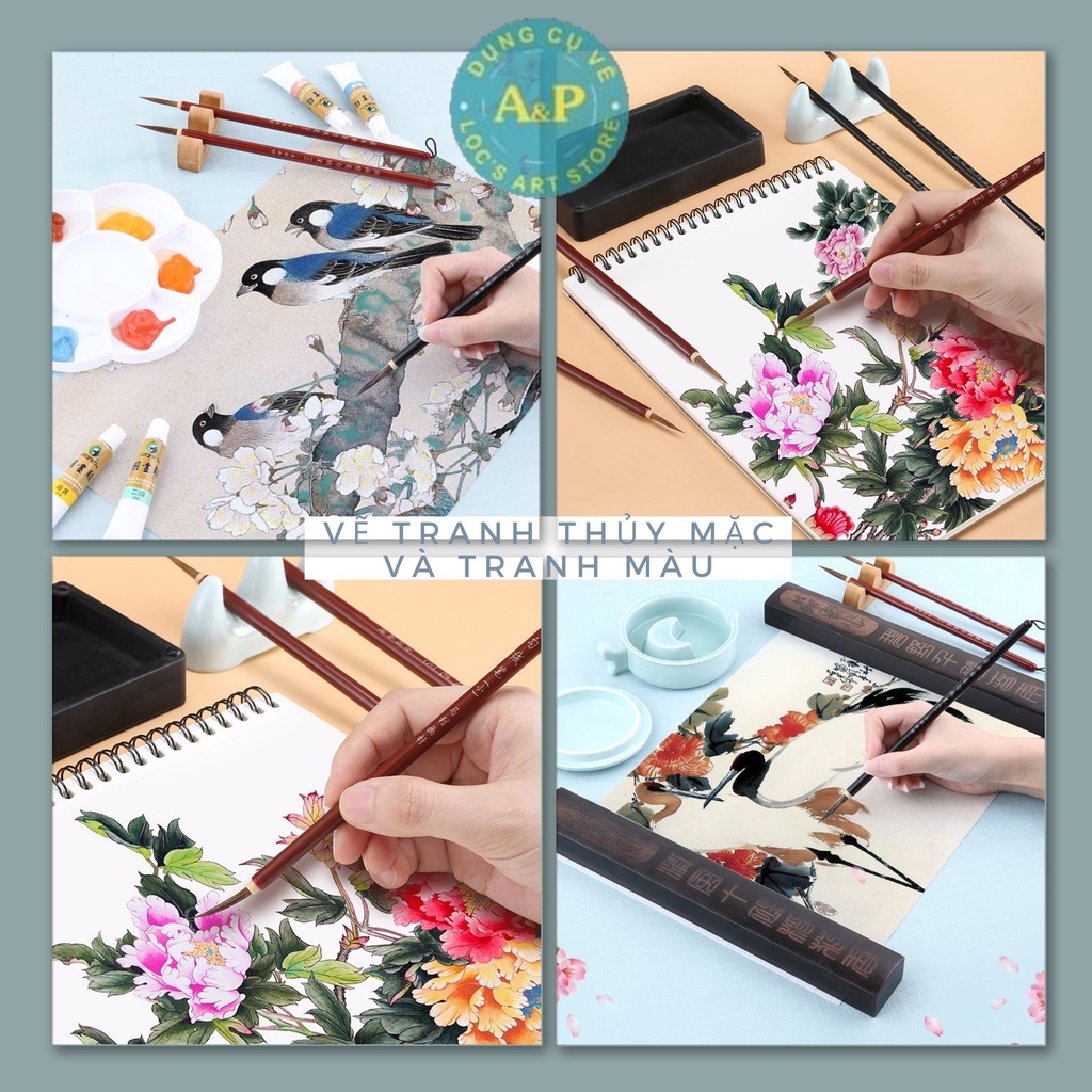 [Lộc'sArtStore] Bộ 3 Bút Cọ Thư Pháp Lông Sói Marie's dùng để viết chữ, vẽ thủy mặc, màu nước
