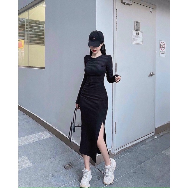Đầm gân body tay dài xẻ  - CarotShop