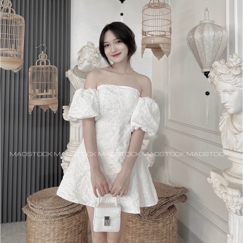 Váy-đầm cúp ngực *ayata* vải gấm hoa dày dặn tay bồng