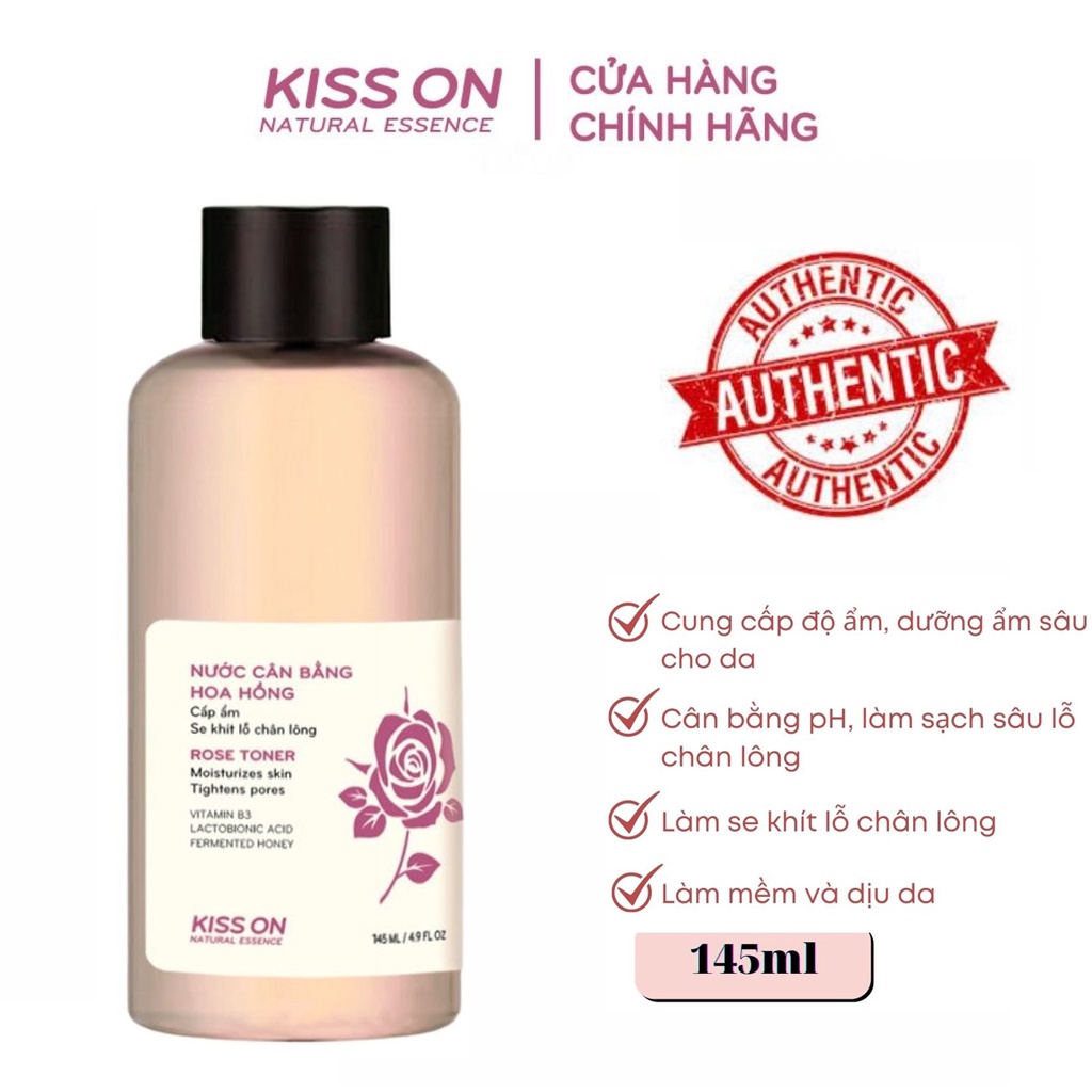 Nước cân bằng hoa hồng KISS ON 145 ml - Làm sạch sâu, cấp ẩm, làm sáng da và se khít lỗ chân lông