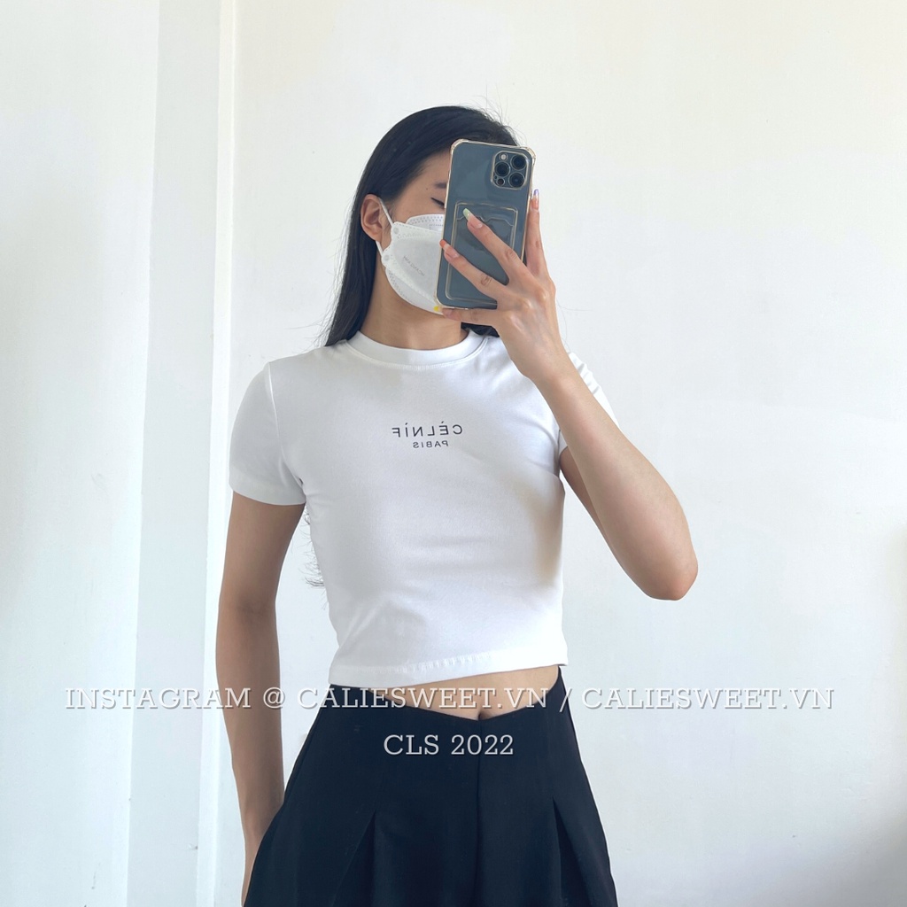 Áo thun croptop Caliesweet Áo croptop cổ tròn họa tiết Celnif