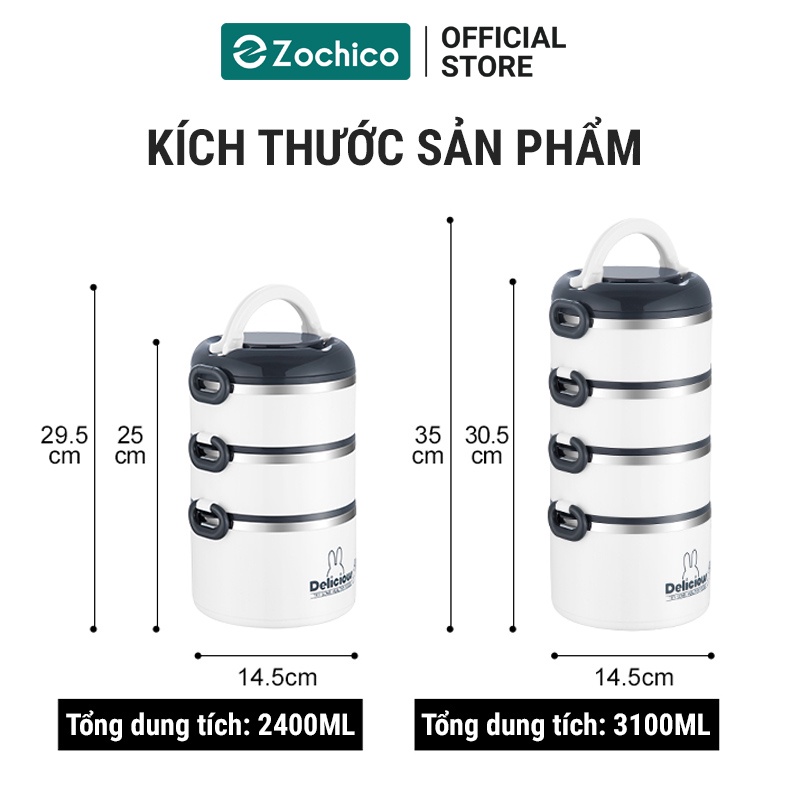 Hộp cơm giữ nhiệt 3 tầng và 4 tầng, hộp đựng cơm chất liệu inox 304, dung tích 3100ml kèm muỗng đũa và túi nhiệt Zochico