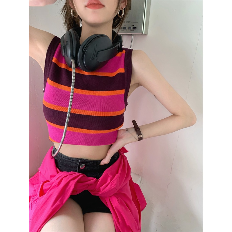Kumikumi Áo croptop Áo Dệt Kim Hai Dây Dáng Ngắn Kẻ Sọc Màu Xanh Lá Phong Cách Mỹ Thời Trang Mùa Hè Hàn Quốc Cho Nữ