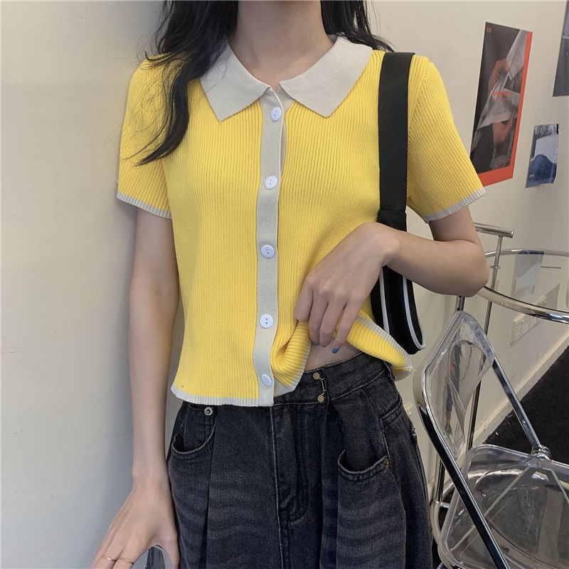 Áo thun Polo dệt kim tay ngắn phối nút nhiều màu sắc phong cách Hàn Quốc thời trang mùa hè cho nữ | BigBuy360 - bigbuy360.vn